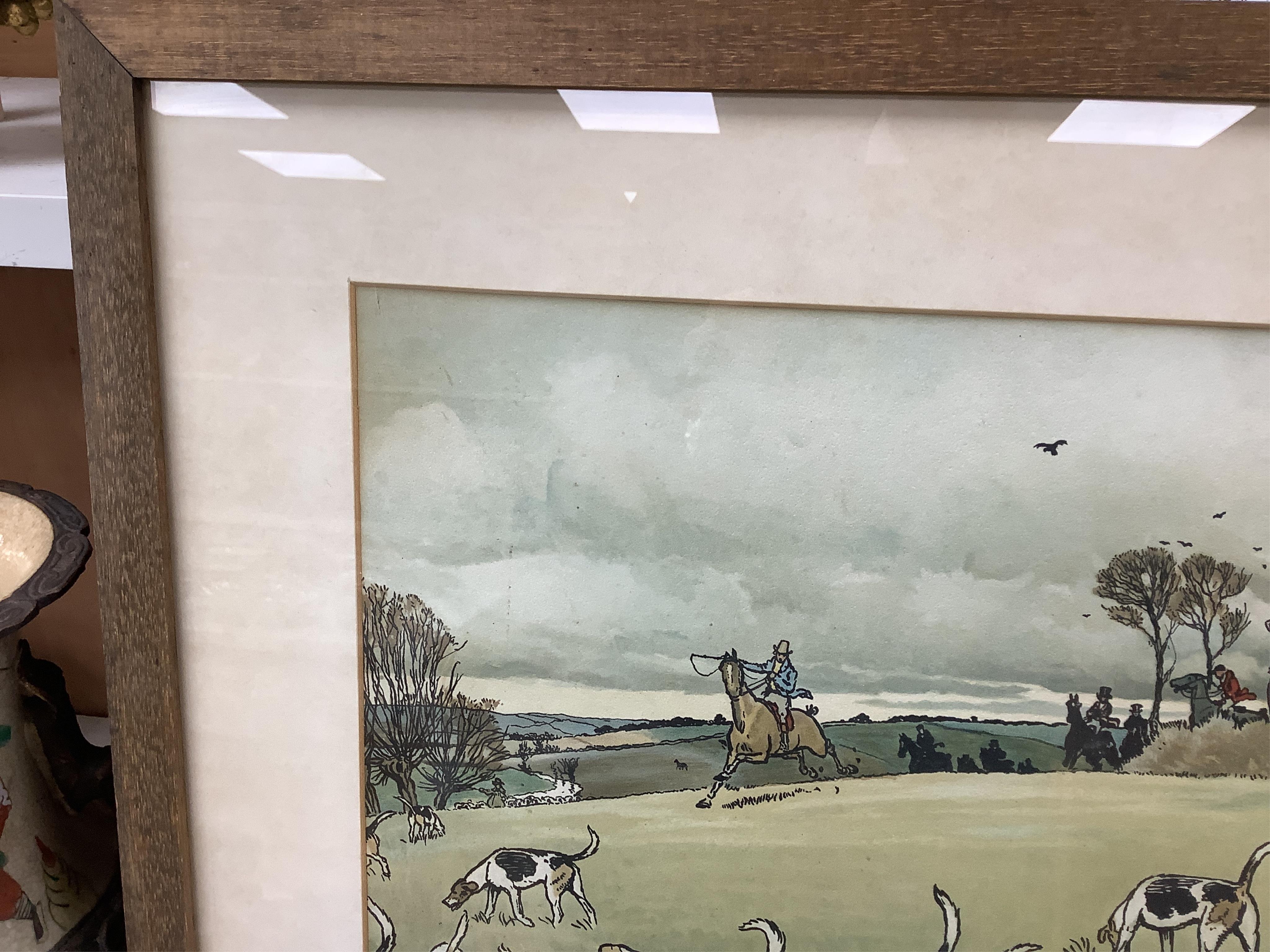 After Cecil Aldin (1870-1935), set of six colour hunting interest prints, to include 'Breaking cover', 'The Breakfast' and 'Full Cry', 37 x 60cm
